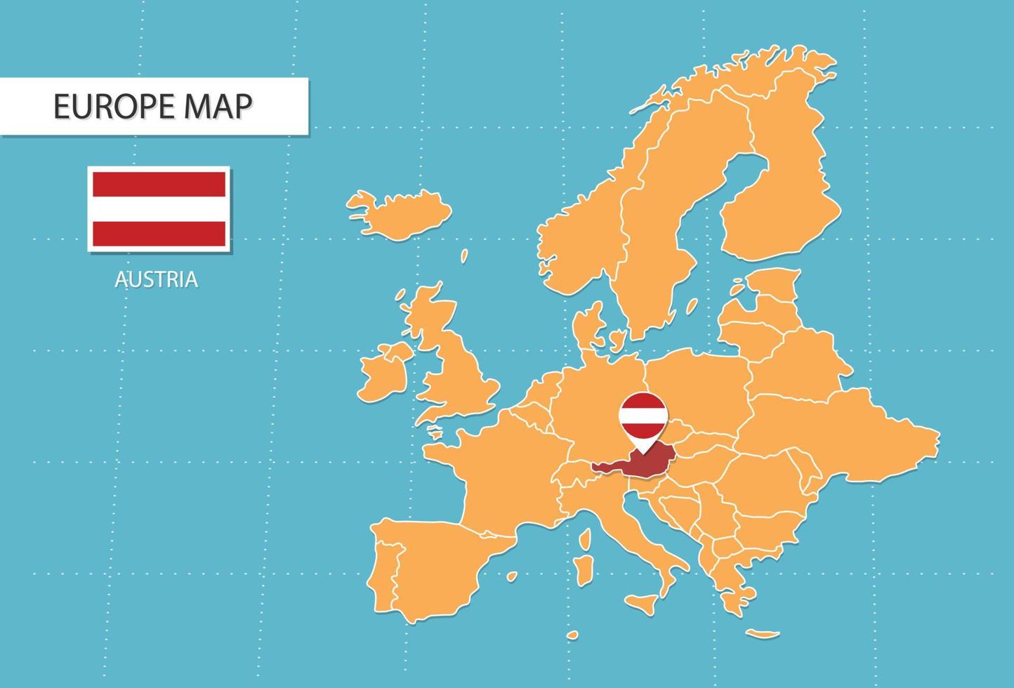 Austria map in Europe, icons showing Austria location and flags. vector