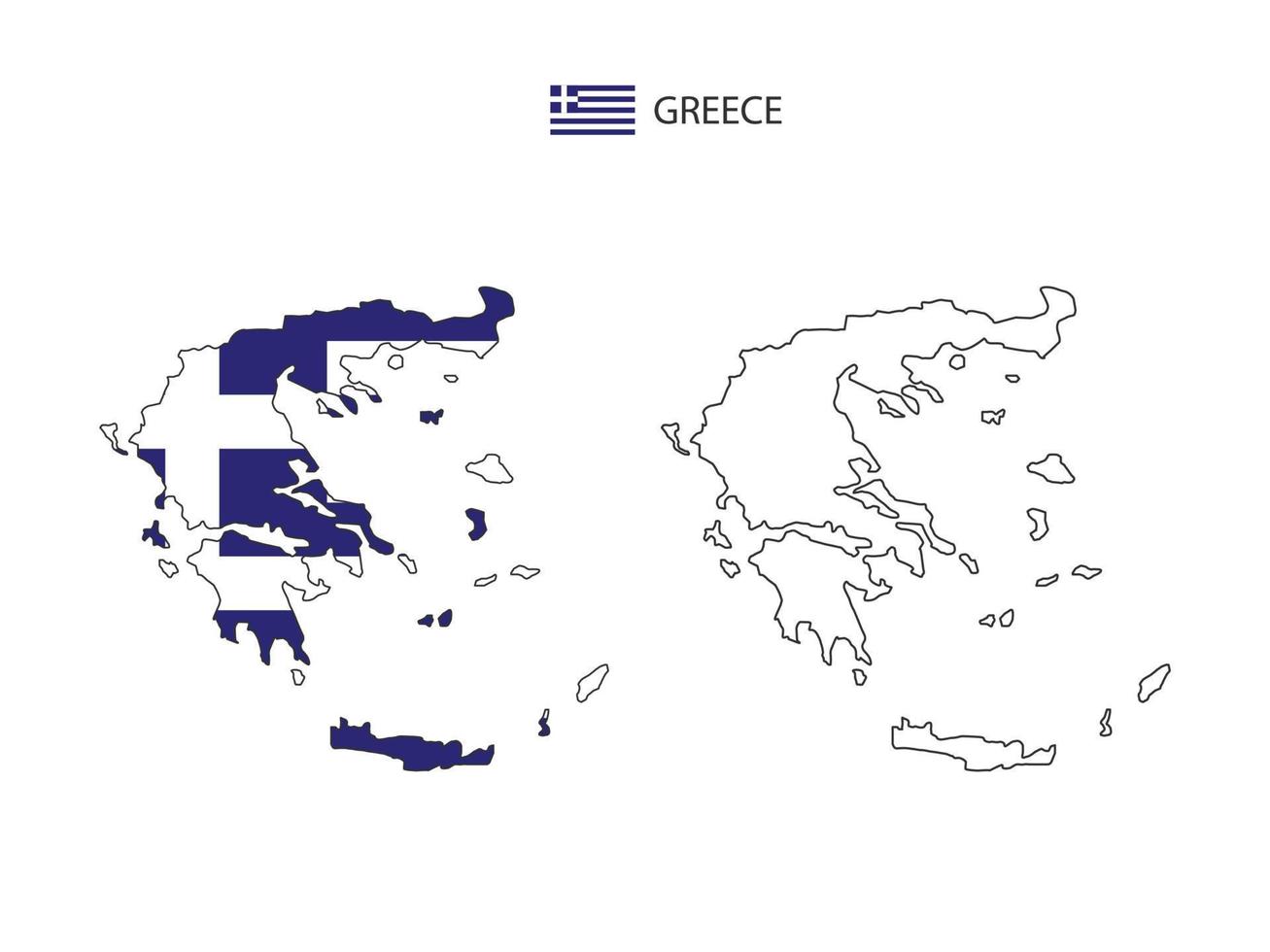 vector de ciudad de mapa de grecia dividido por estilo de simplicidad de contorno. tiene 2 versiones, versión de línea delgada negra y versión de color de bandera de país. ambos mapas estaban en el fondo blanco.