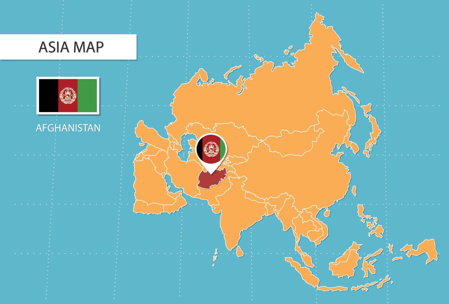 Afghanistan map in Asia, icons showing Afghanistan location and flags. vector