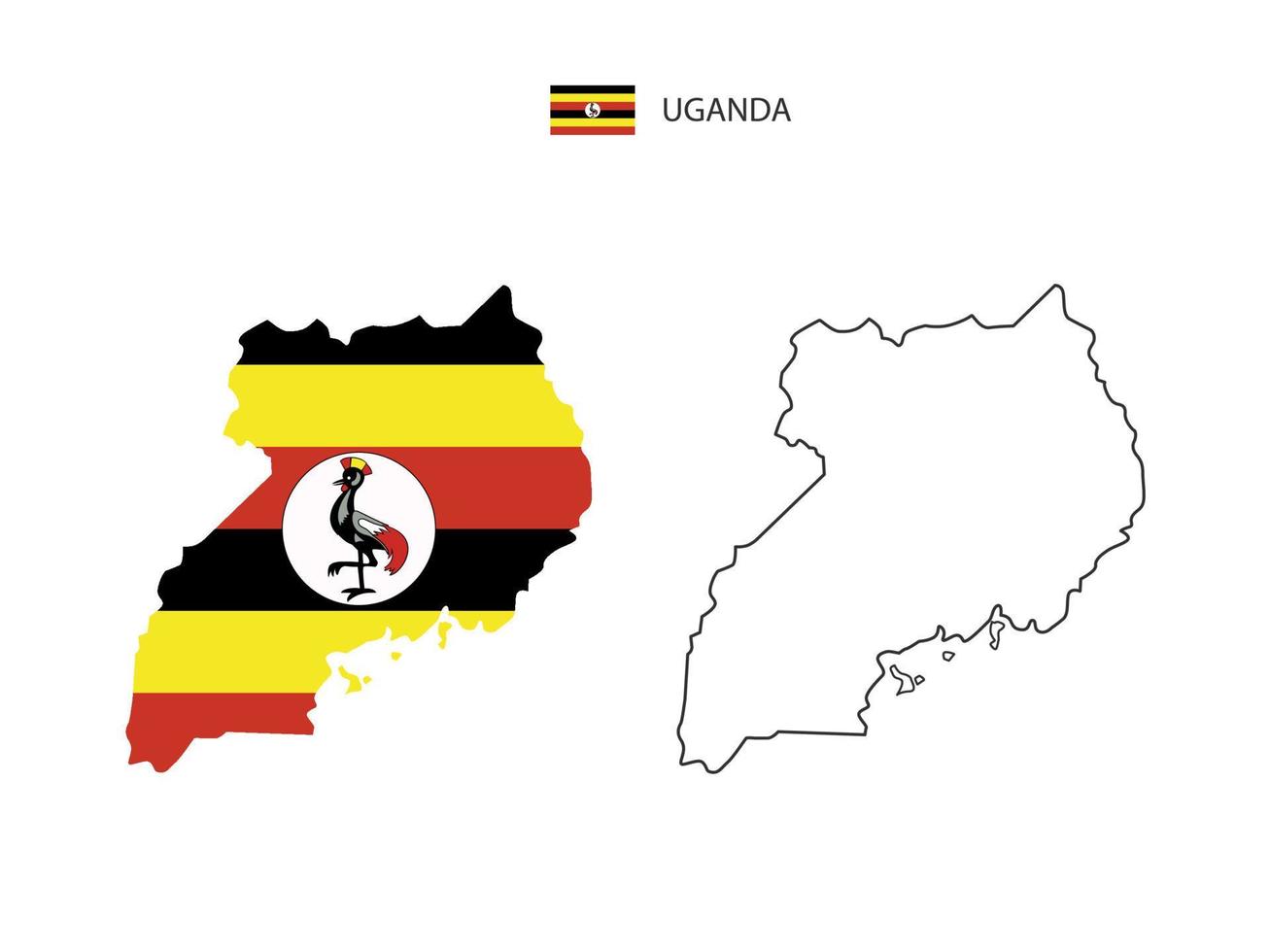 Uganda map city vector divided by outline simplicity style. Have 2 versions, black thin line version and color of country flag version. Both map were on the white background.