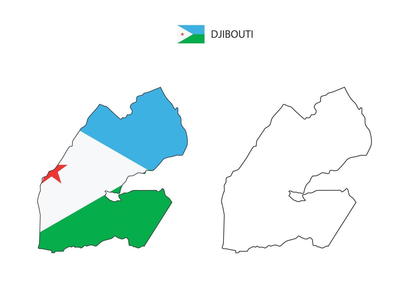 vector de ciudad de mapa de djibouti dividido por estilo de simplicidad de contorno. tiene 2 versiones, versión de línea delgada negra y versión de color de bandera de país. ambos mapas estaban en el fondo blanco.