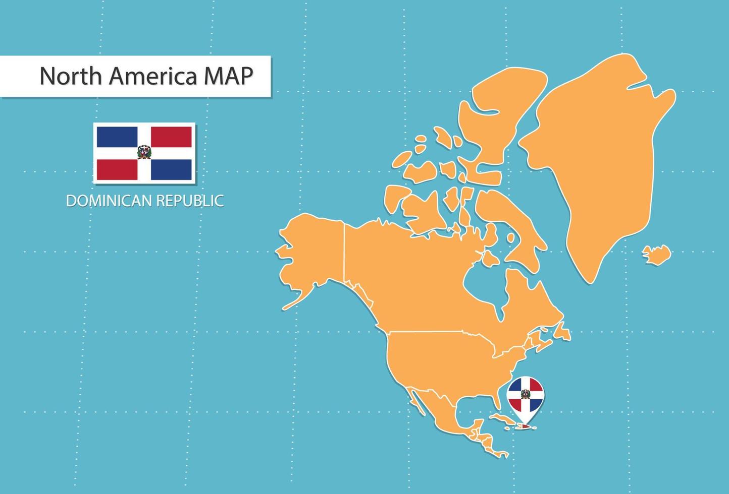 Dominican Republic map in America, icons showing Dominican Republic location and flags. vector