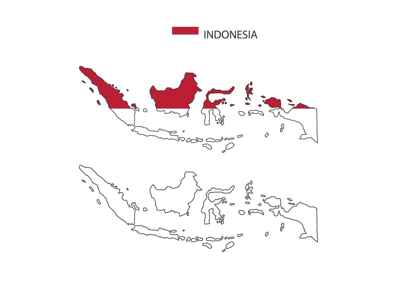 vector de ciudad de mapa de indonesia dividido por estilo de simplicidad de contorno. tiene 2 versiones, versión de línea delgada negra y versión de color de bandera de país. ambos mapas estaban en el fondo blanco.