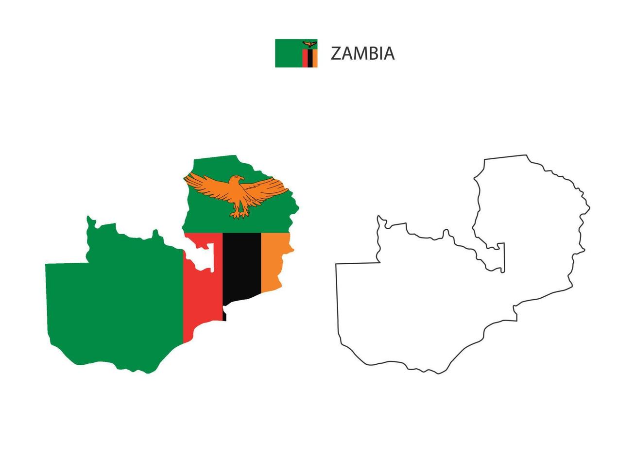 vector de ciudad de mapa de zambia dividido por estilo de simplicidad de contorno. tiene 2 versiones, versión de línea delgada negra y versión de color de bandera de país. ambos mapas estaban en el fondo blanco.