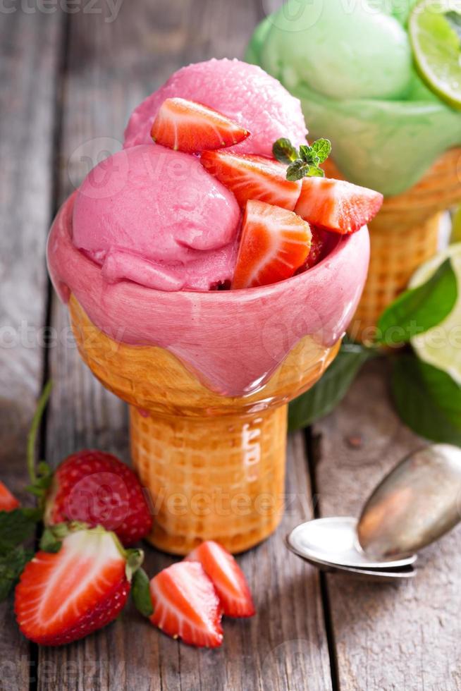 Variety of ice cream in bowls photo