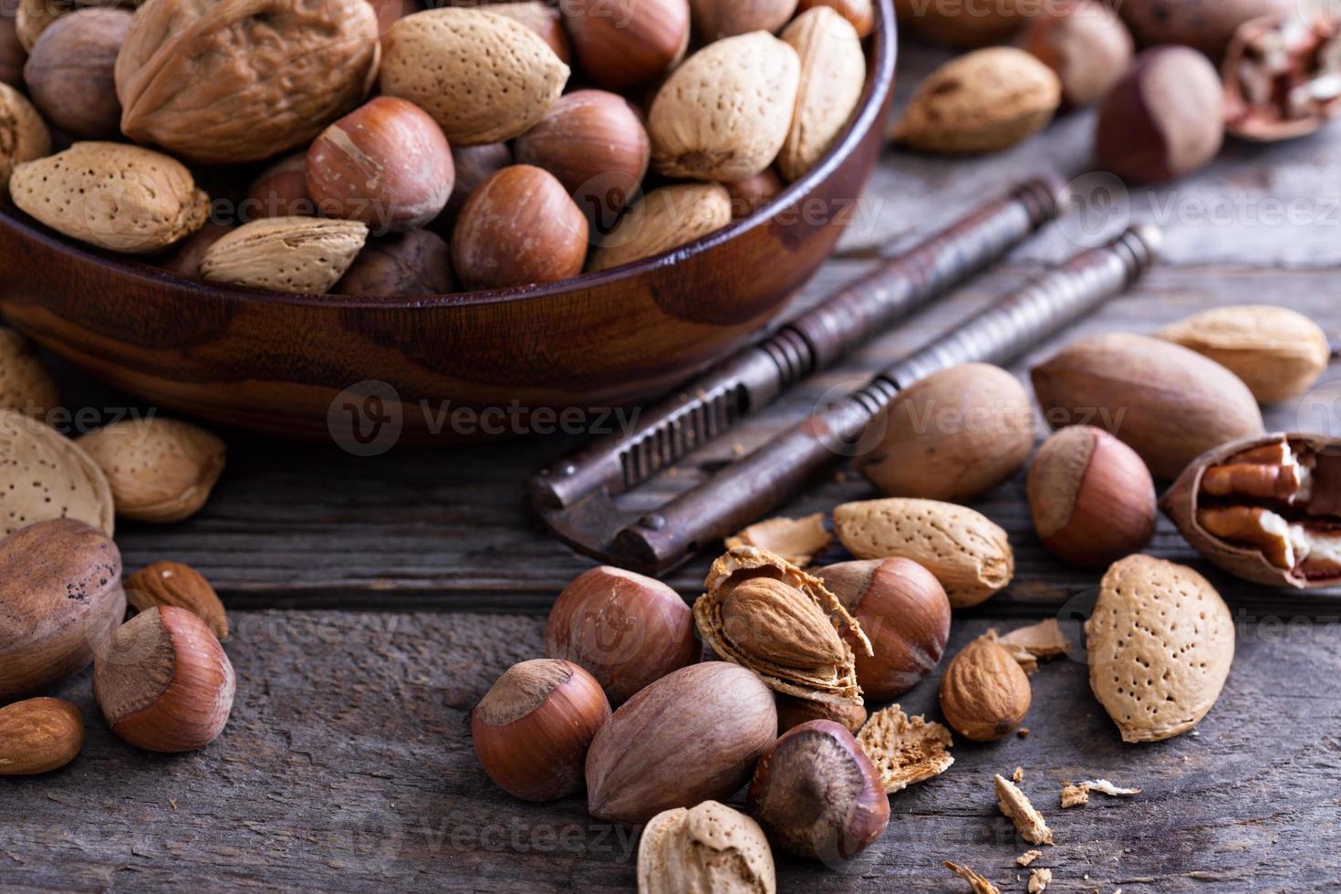 variedad de nueces con cáscara en un tazón foto