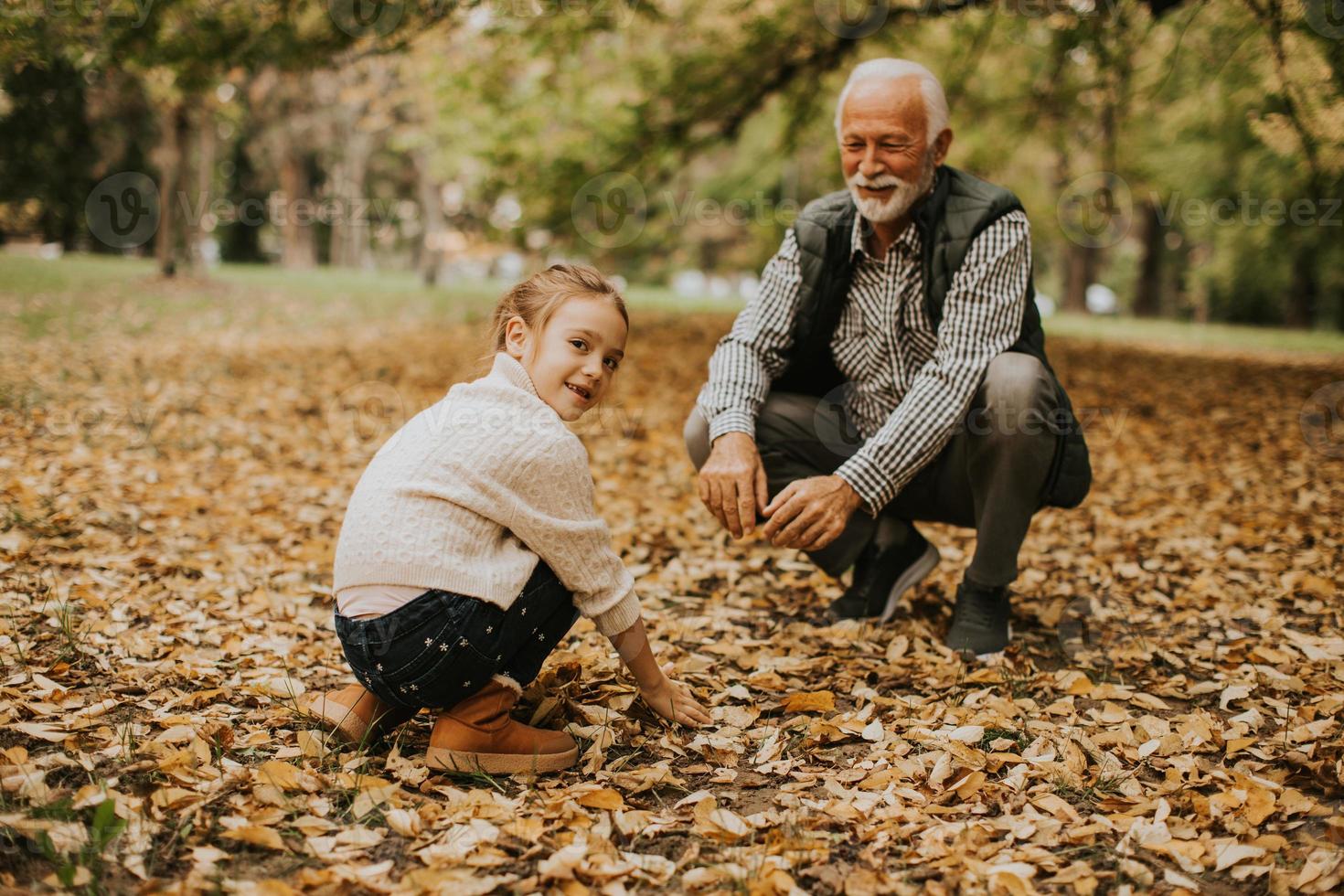 Grandfather spending time with his granddaughter in park on autumn day photo