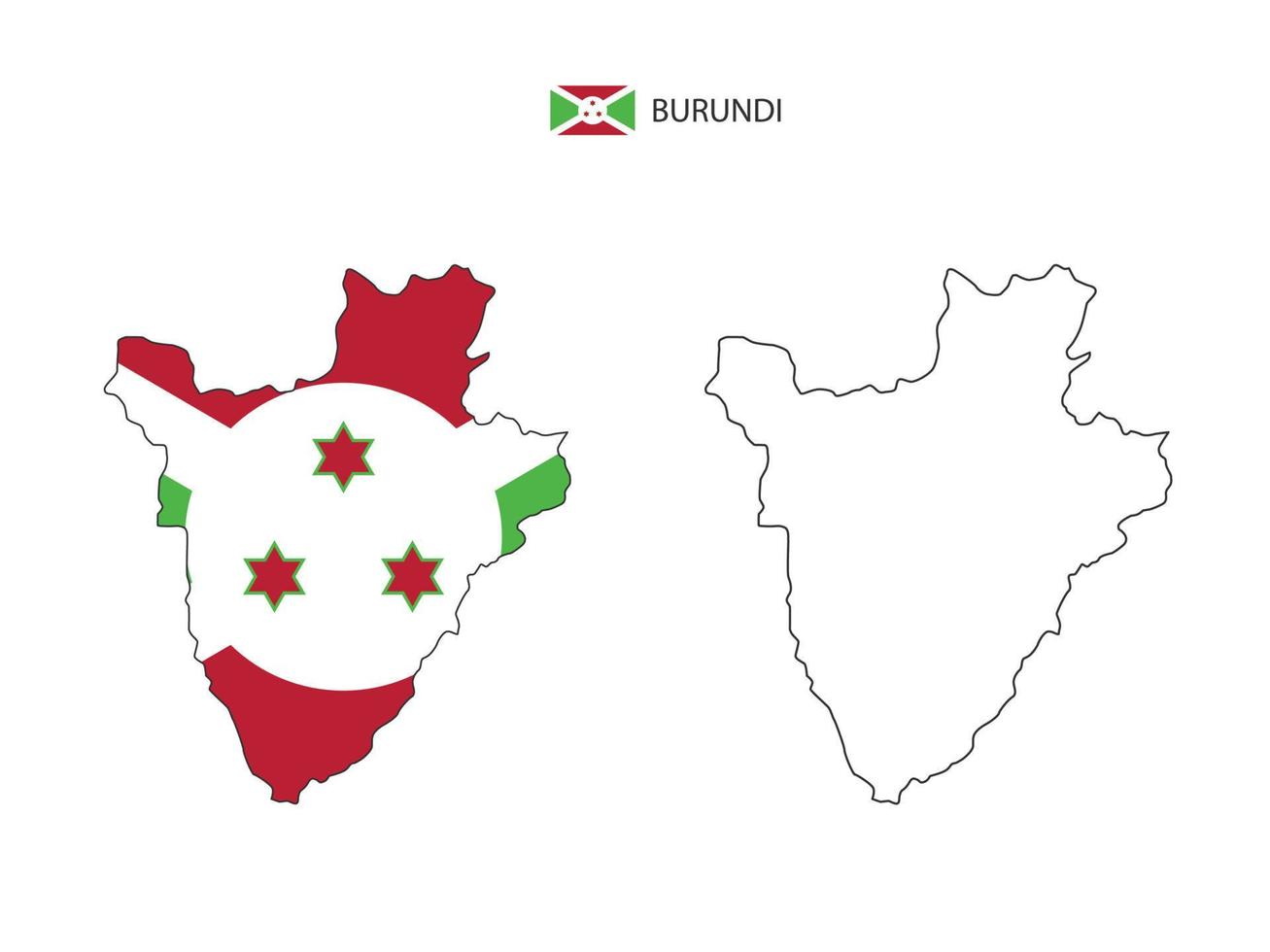 Burundi map city vector divided by outline simplicity style. Have 2 versions, black thin line version and color of country flag version. Both map were on the white background.