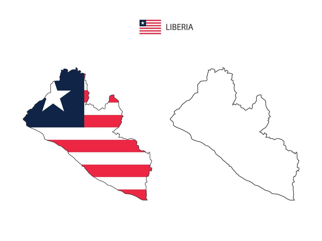 vector de ciudad de mapa de liberia dividido por estilo de simplicidad de contorno. tiene 2 versiones, versión de línea delgada negra y versión de color de bandera de país. ambos mapas estaban en el fondo blanco.