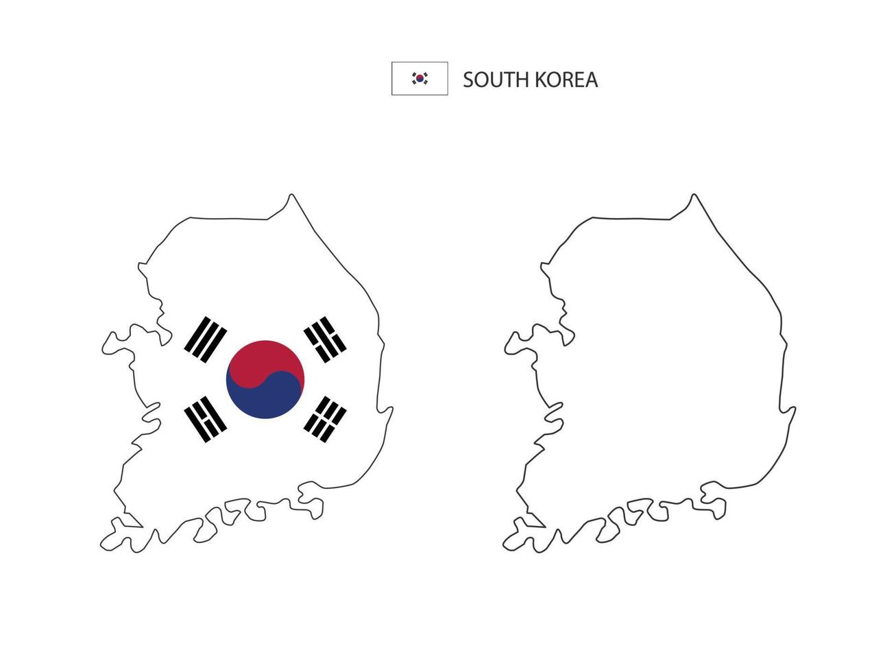 vector de ciudad de mapa de corea del sur dividido por estilo de simplicidad de contorno. tiene 2 versiones, versión de línea delgada negra y versión de color de bandera de país. ambos mapas estaban en el fondo blanco.