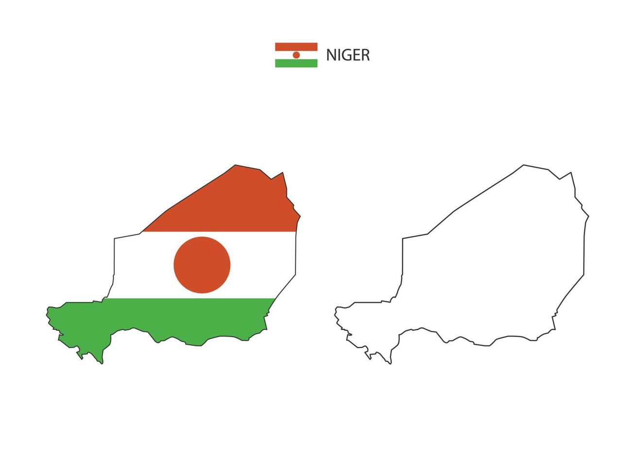 Niger map city vector divided by outline simplicity style. Have 2 versions, black thin line version and color of country flag version. Both map were on the white background.