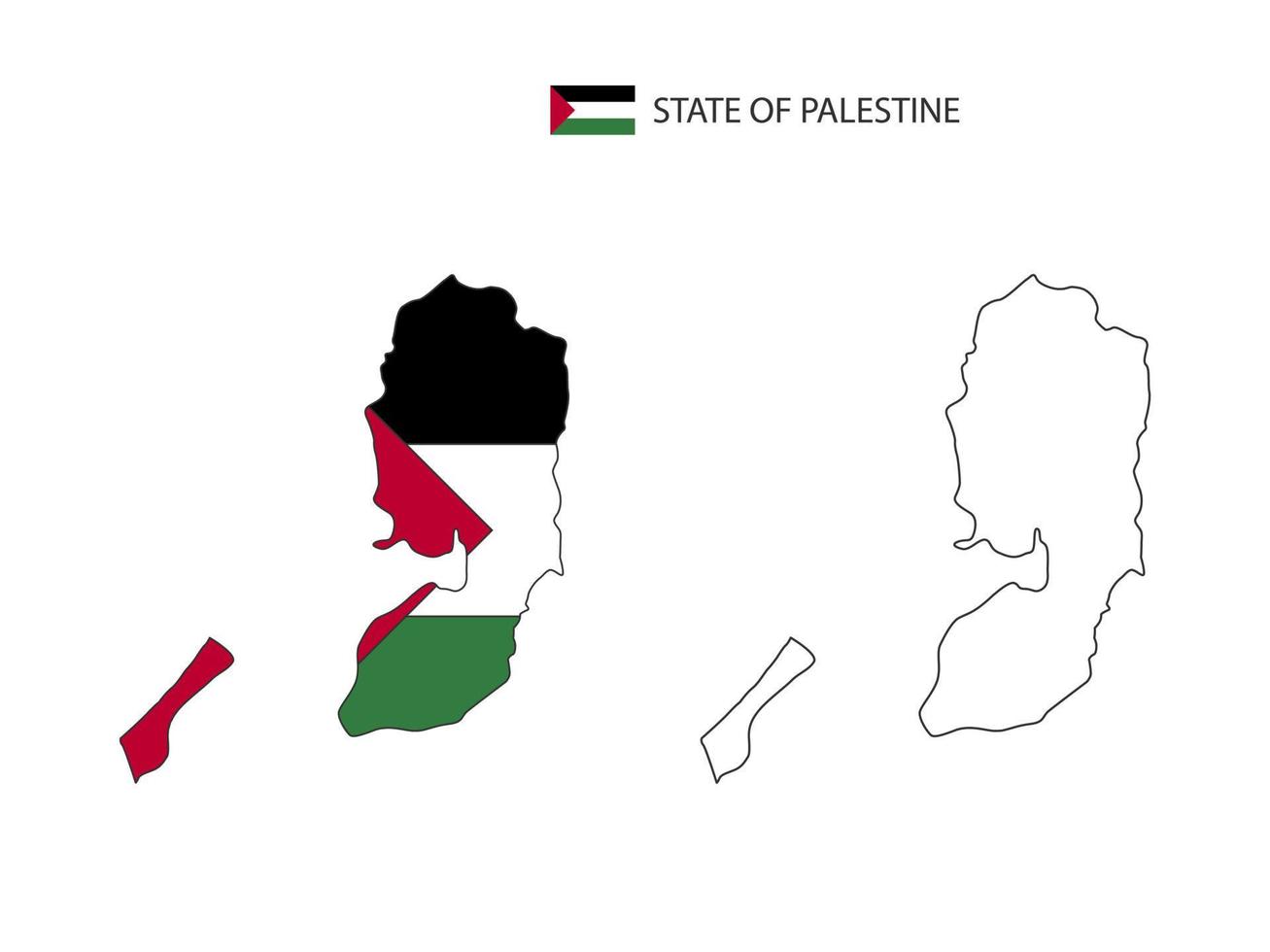 vector de ciudad de mapa de estado de palestina dividido por estilo de simplicidad de contorno. tiene 2 versiones, versión de línea delgada negra y versión de color de bandera de país. ambos mapas estaban en el fondo blanco.