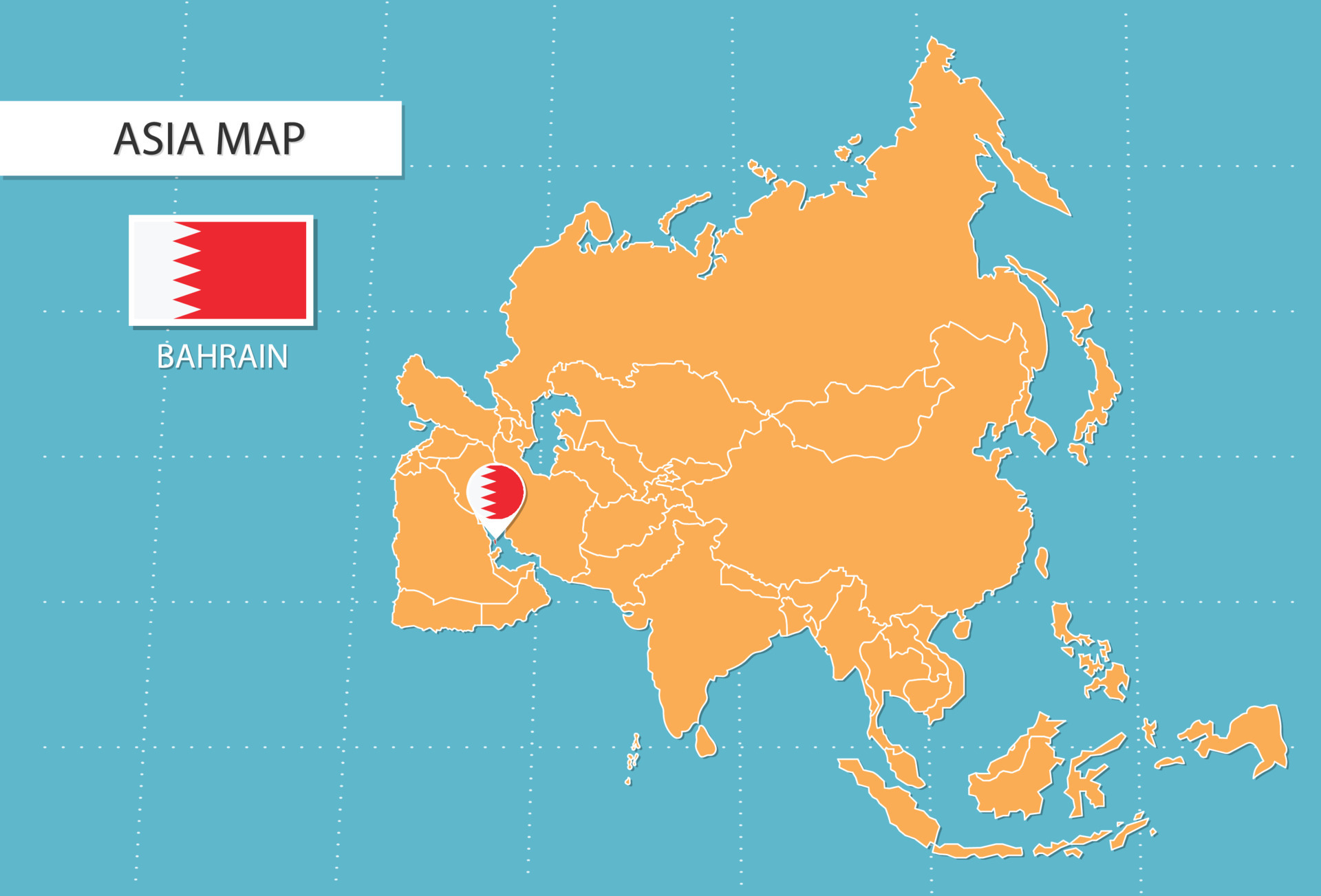 mapa de bahrein en asia, íconos que muestran la ubicación y las