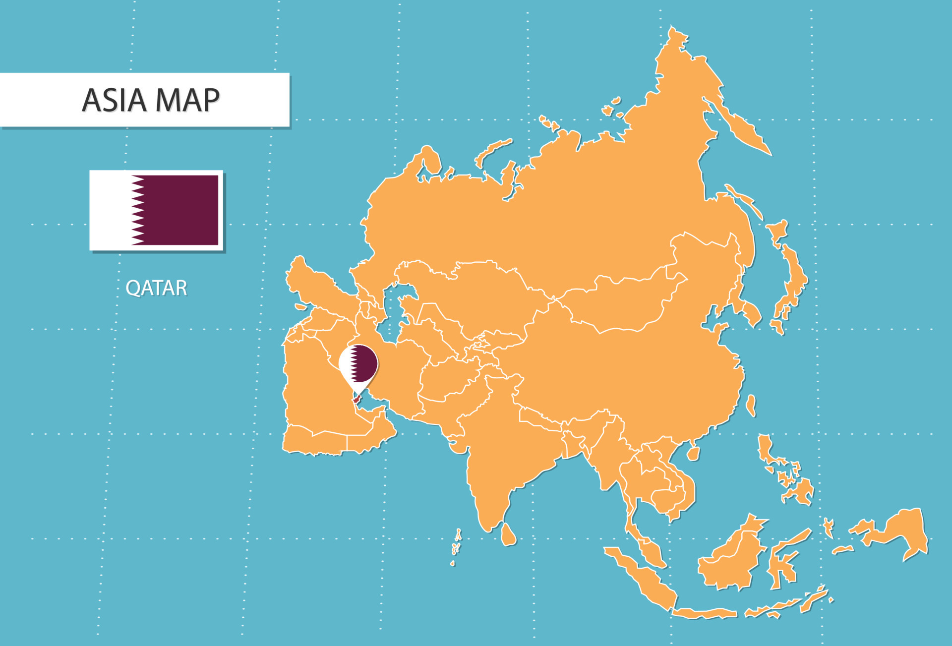 Qatar map in asia icons showing qatar location and flags 15705893