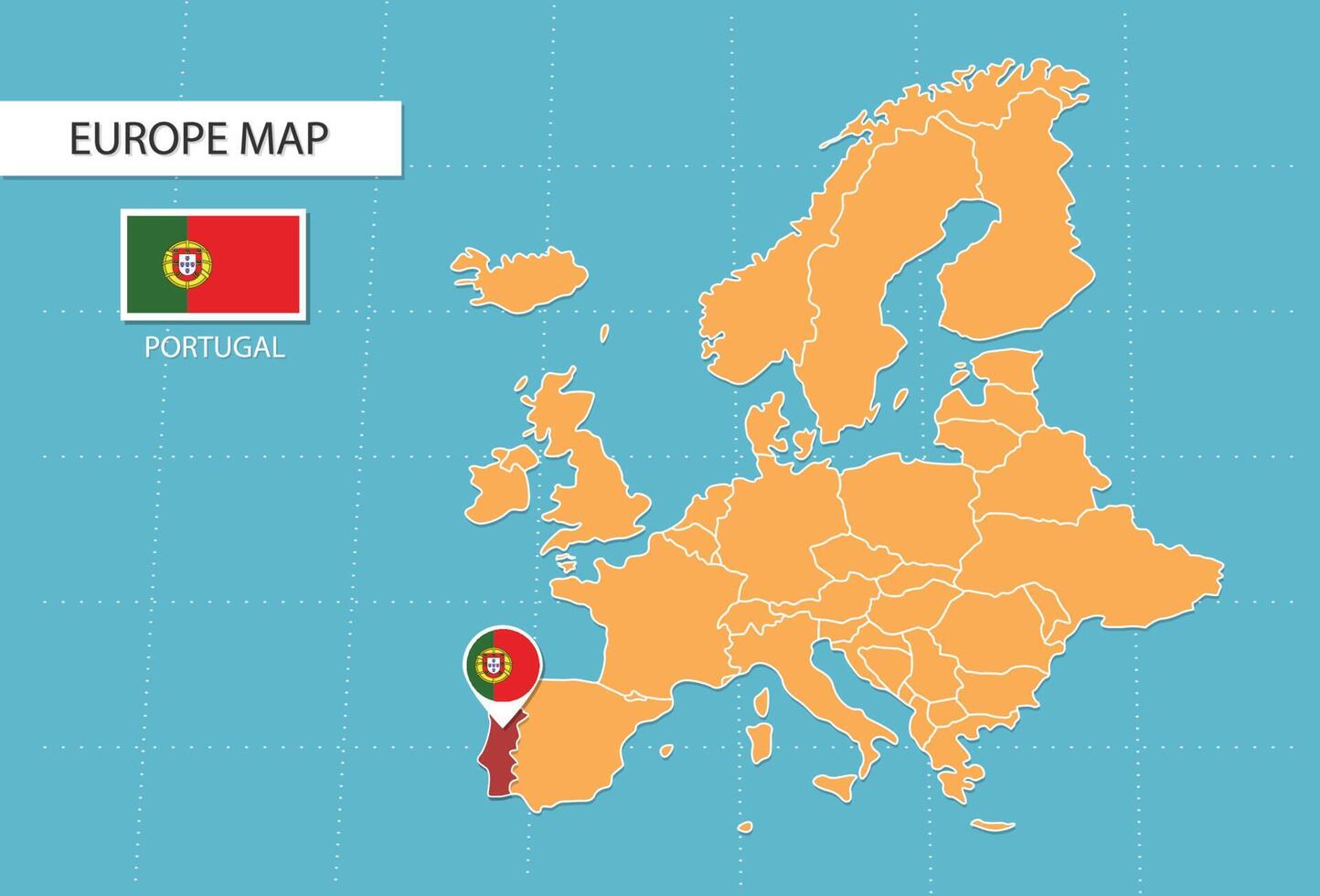 mapa de portugal en europa, íconos que muestran la ubicación y banderas de portugal. vector