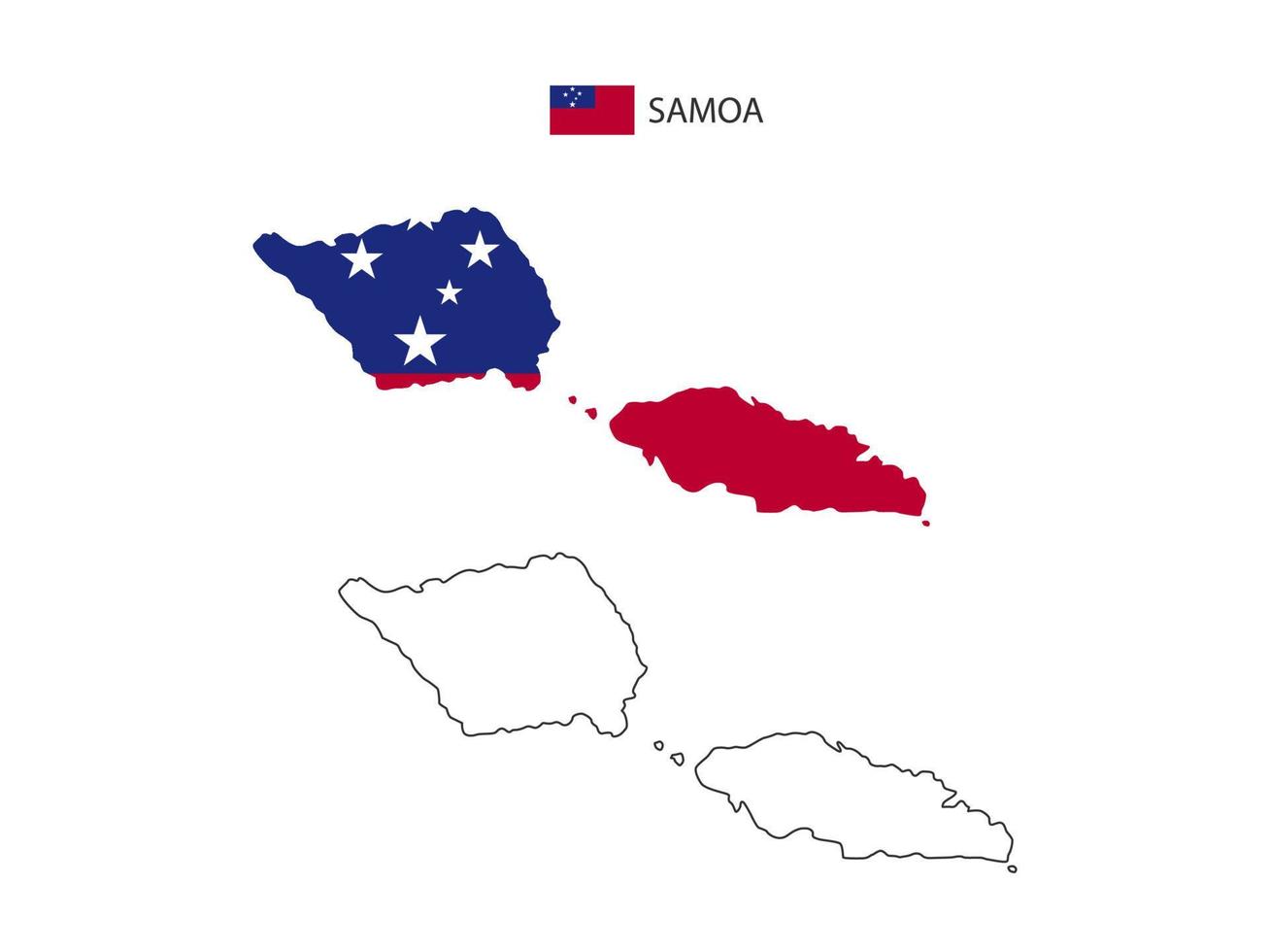 vector de ciudad de mapa de samoa dividido por estilo de simplicidad de contorno. tiene 2 versiones, versión de línea delgada negra y versión de color de bandera de país. ambos mapas estaban en el fondo blanco.