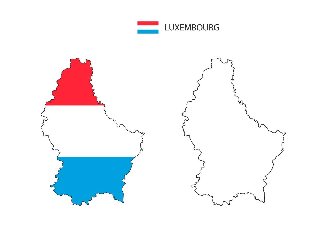 vector de ciudad de mapa de luxemburgo dividido por estilo de simplicidad de contorno. tiene 2 versiones, versión de línea delgada negra y versión de color de bandera de país. ambos mapas estaban en el fondo blanco.