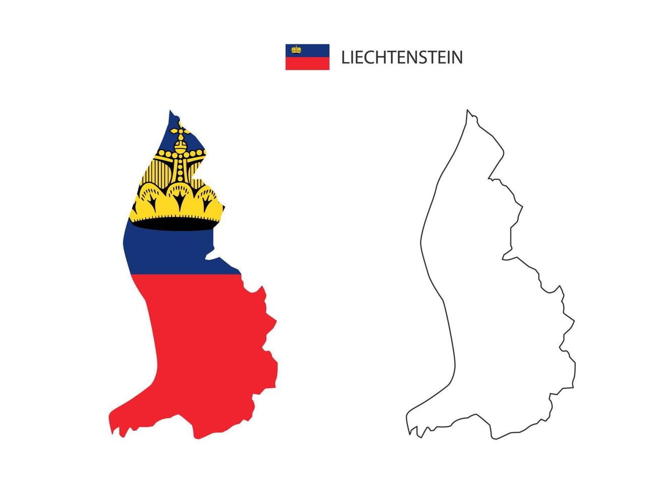 vector de ciudad de mapa de liechtenstein dividido por estilo de simplicidad de contorno. tiene 2 versiones, versión de línea delgada negra y versión de color de bandera de país. ambos mapas estaban en el fondo blanco.