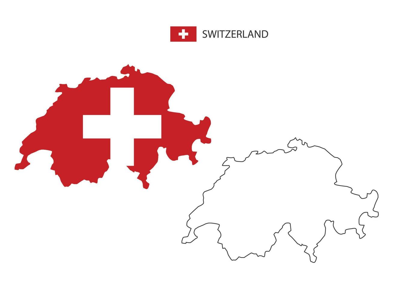 vector de ciudad de mapa de suiza dividido por estilo de simplicidad de contorno. tiene 2 versiones, versión de línea delgada negra y versión de color de bandera de país. ambos mapas estaban en el fondo blanco.