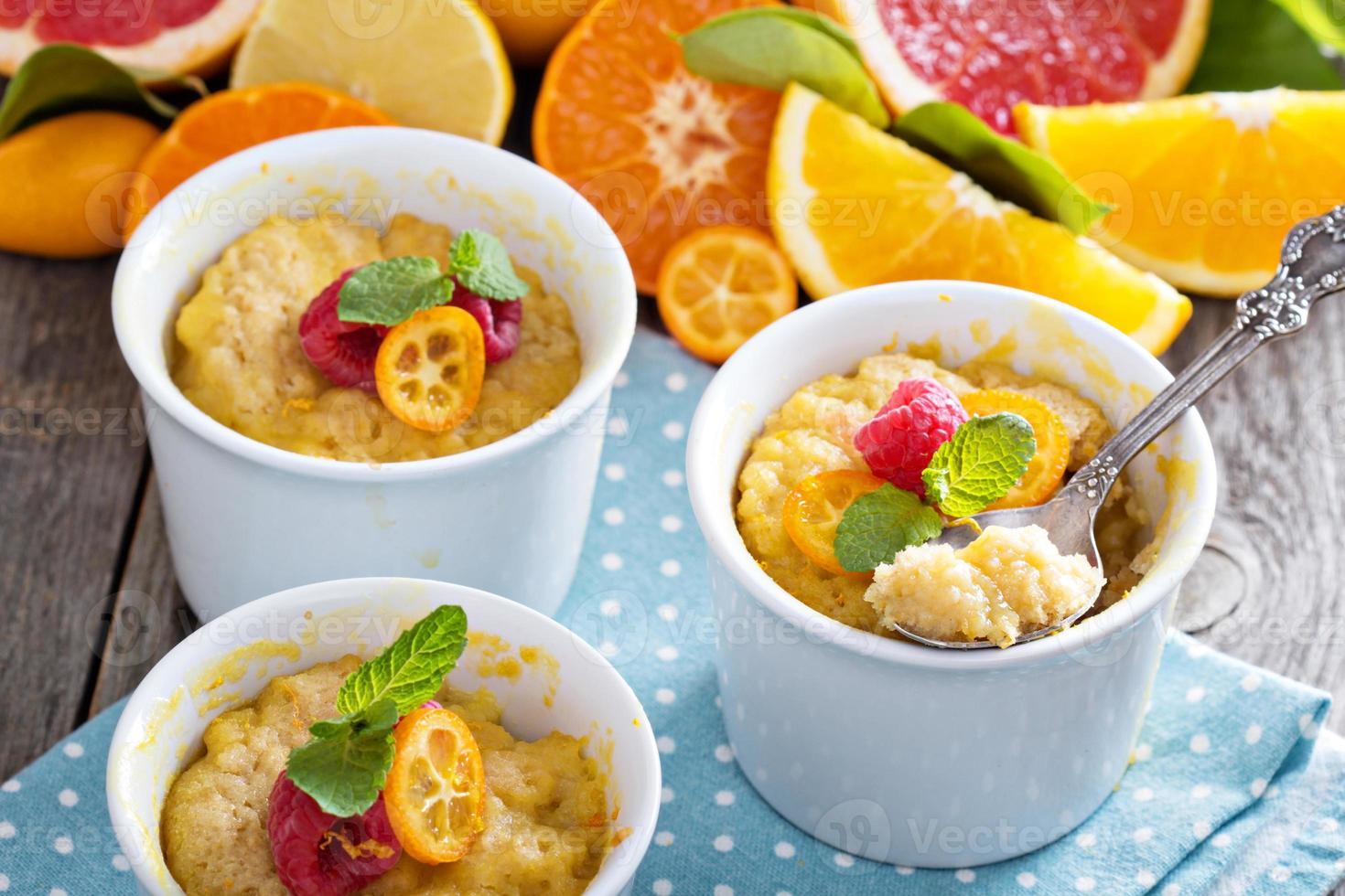 Citrus pudding in white ramekins photo