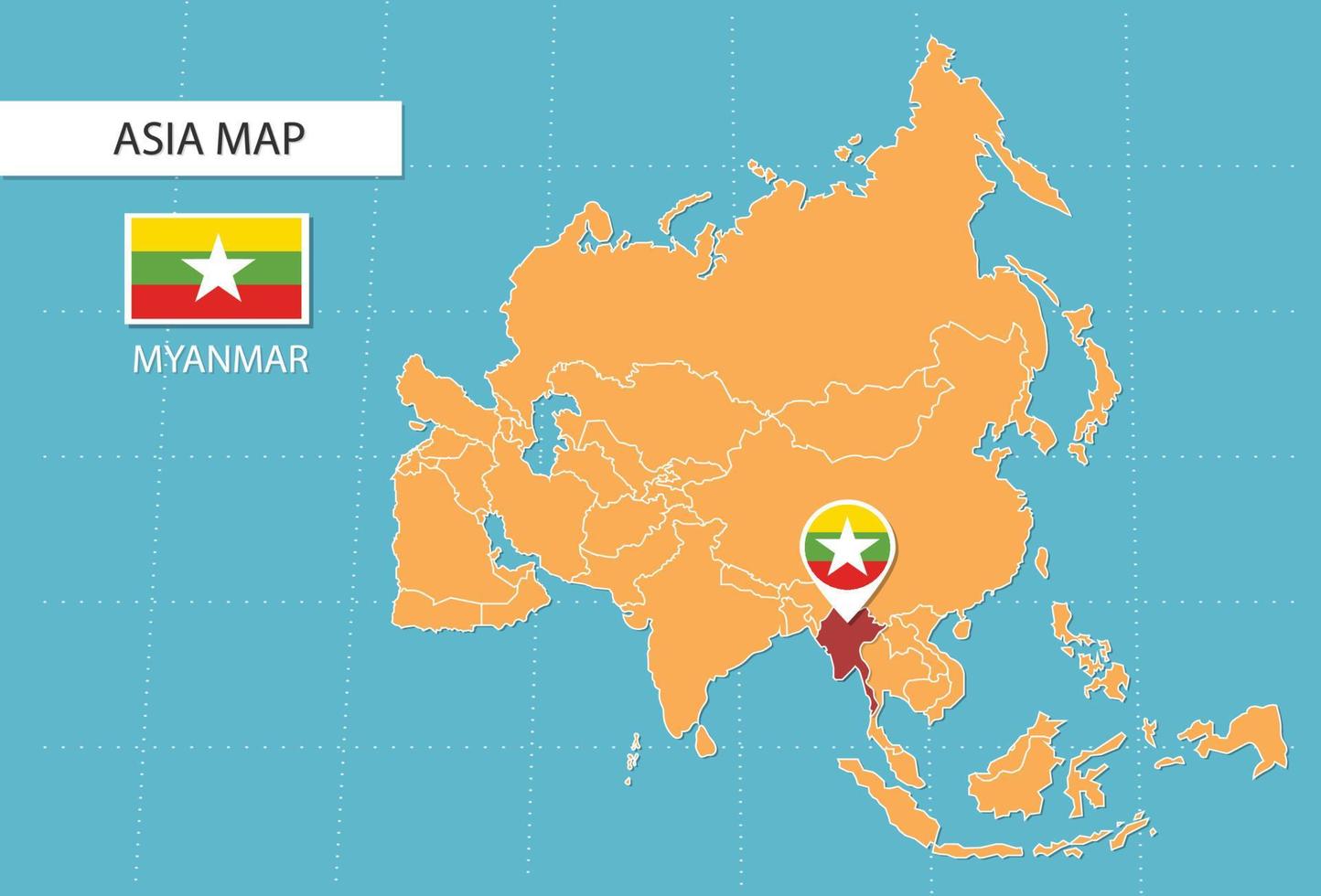Myanmar map in Asia, icons showing Myanmar location and flags. vector