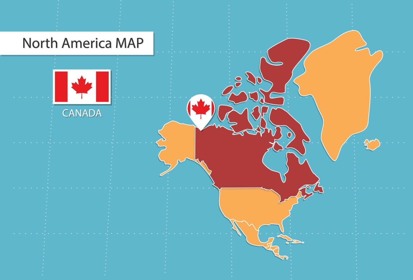 mapa de canadá en américa, íconos que muestran la ubicación y banderas de canadá. vector