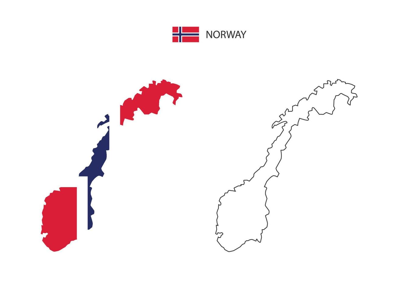 vector de ciudad de mapa de noruega dividido por estilo de simplicidad de contorno. tiene 2 versiones, versión de línea delgada negra y versión de color de bandera de país. ambos mapas estaban en el fondo blanco.