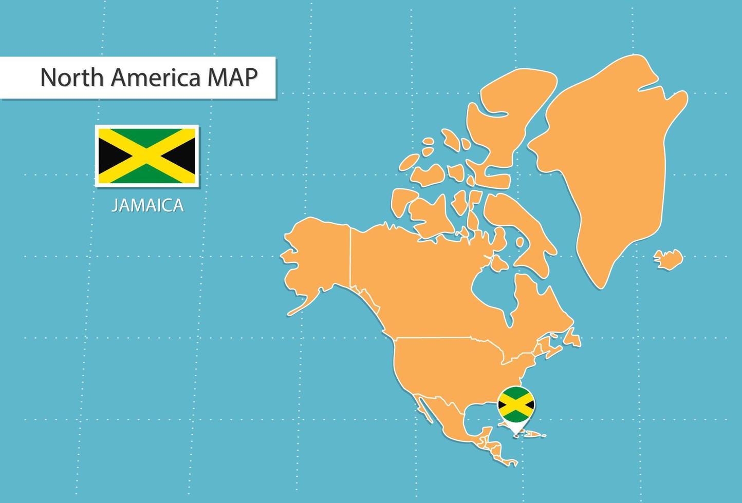 mapa de jamaica en américa, íconos que muestran la ubicación y banderas de jamaica. vector