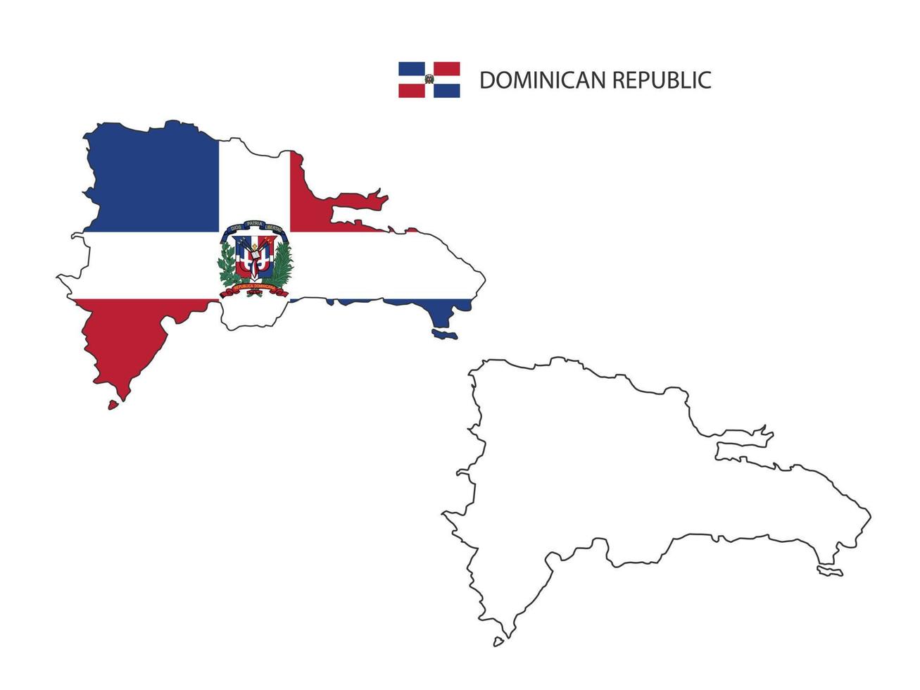 Dominican Replublic map city vector divided by outline simplicity style. Have 2 versions, black thin line version and color of country flag version. Both map were on the white background.