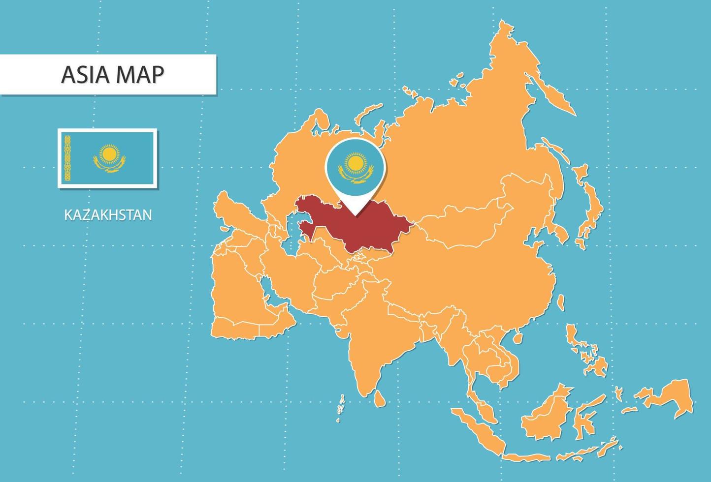 Kazakhstan map in Asia, icons showing Kazakhstan location and flags. vector