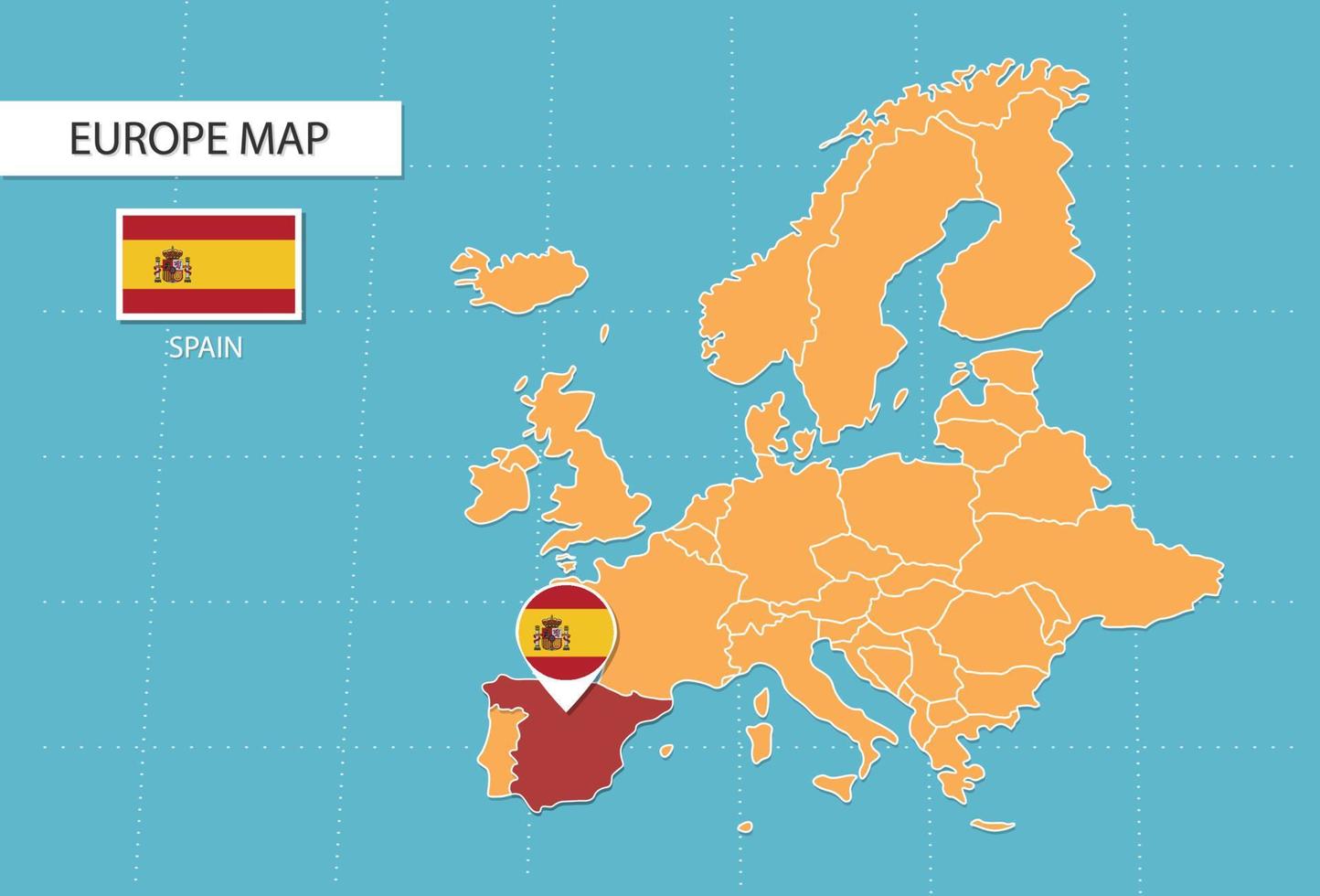 mapa de españa en europa, iconos que muestran la ubicación de españa y banderas. vector