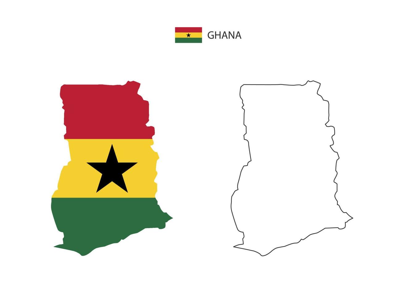 vector de ciudad de mapa de ghana dividido por estilo de simplicidad de contorno. tiene 2 versiones, versión de línea delgada negra y versión de color de bandera de país. ambos mapas estaban en el fondo blanco.