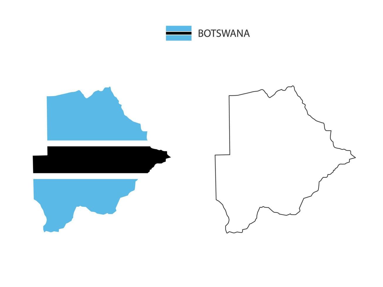 vector de ciudad de mapa de botswana dividido por estilo de simplicidad de contorno. tiene 2 versiones, versión de línea delgada negra y versión de color de bandera de país. ambos mapas estaban en el fondo blanco.