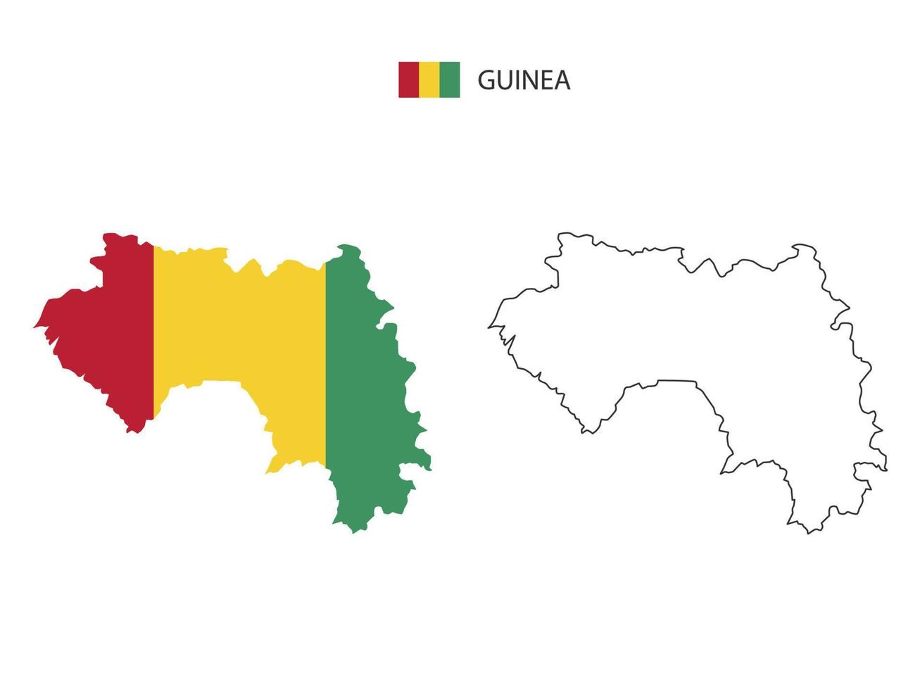 vector de ciudad de mapa de guinea dividido por estilo de simplicidad de contorno. tiene 2 versiones, versión de línea delgada negra y versión de color de bandera de país. ambos mapas estaban en el fondo blanco.