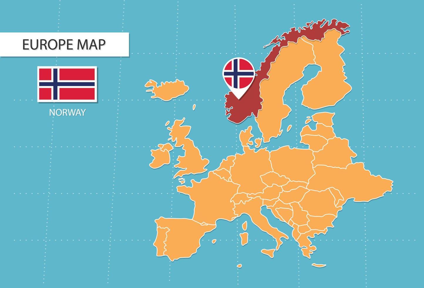 mapa de noruega en europa, iconos que muestran la ubicación y las banderas de noruega. vector