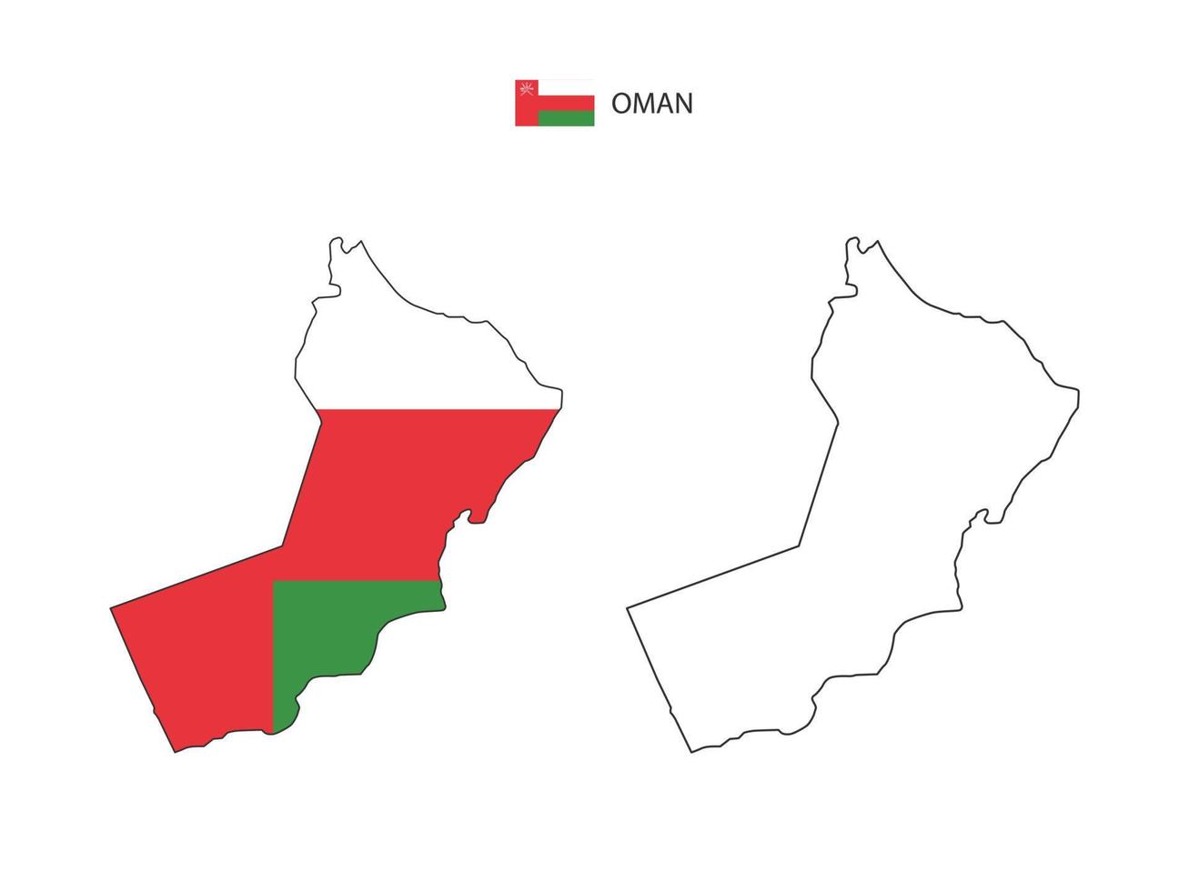 Oman map city vector divided by outline simplicity style. Have 2 versions, black thin line version and color of country flag version. Both map were on the white background.