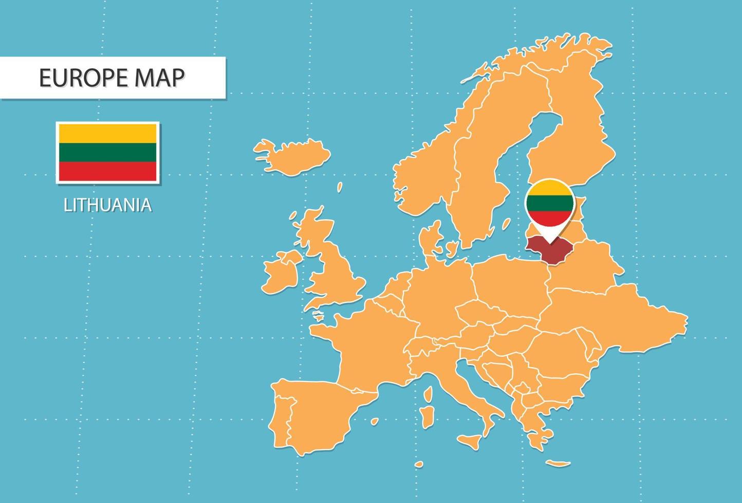 Lithuania map in Europe, icons showing Lithuania location and flags. vector