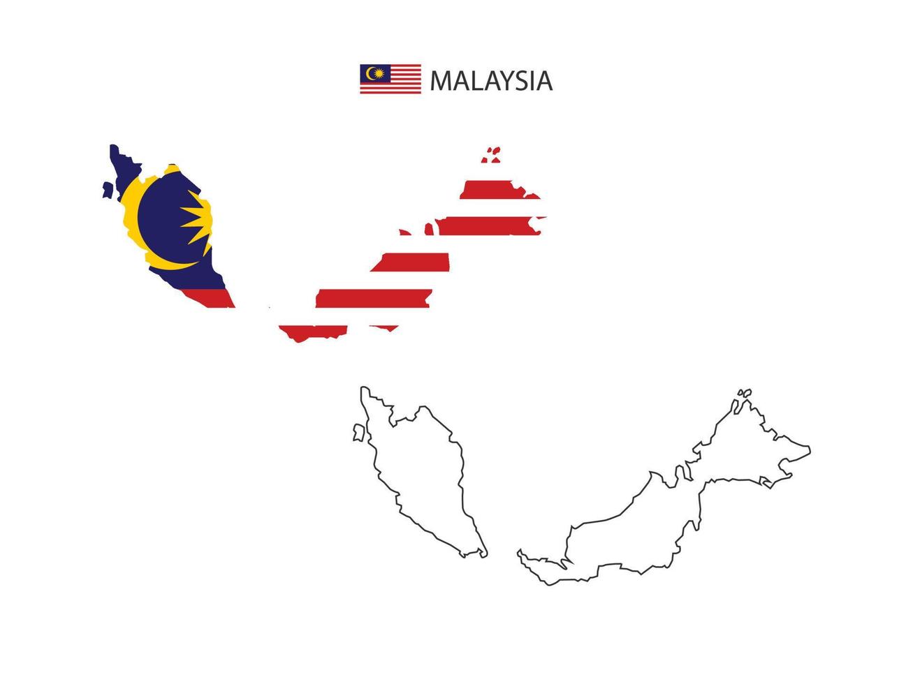 vector de ciudad de mapa de malasia dividido por estilo de simplicidad de contorno. tiene 2 versiones, versión de línea delgada negra y versión de color de bandera de país. ambos mapas estaban en el fondo blanco.