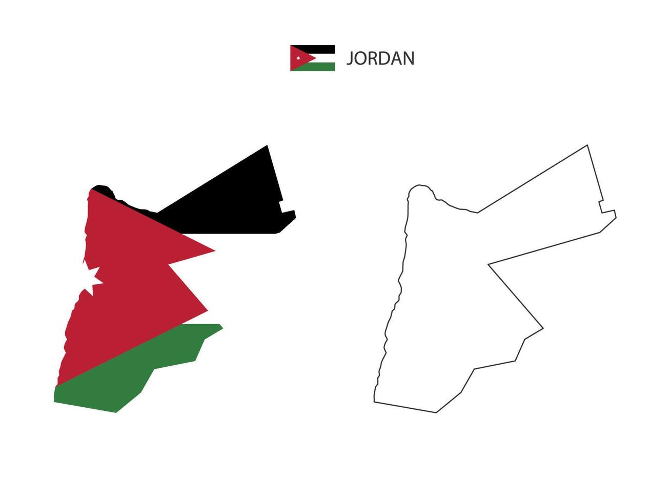 Jordan map city vector divided by outline simplicity style. Have 2 versions, black thin line version and color of country flag version. Both map were on the white background.