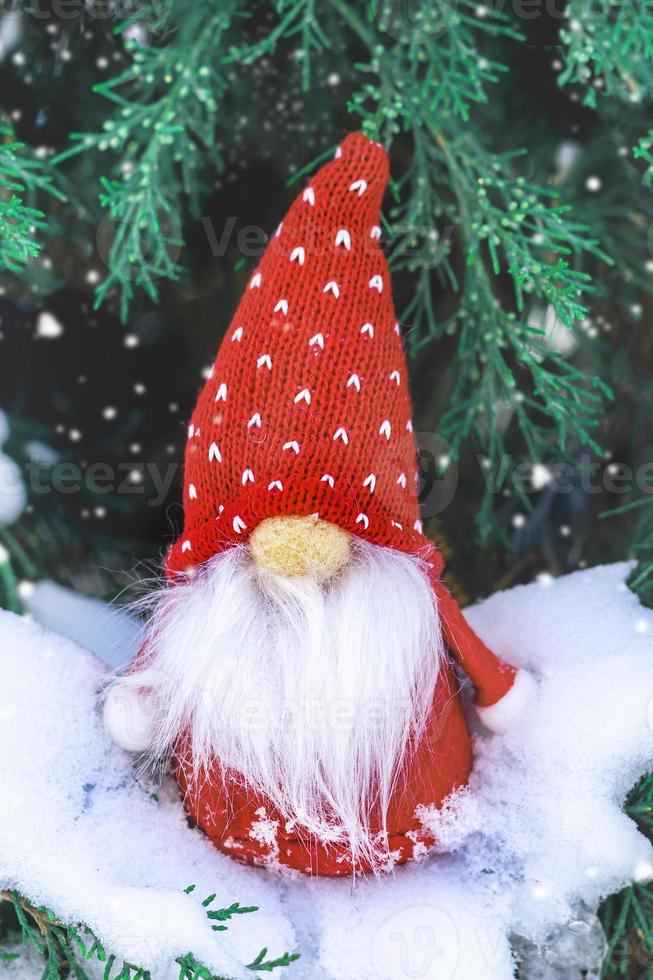 Christmas holiday card Cute scandinavian gnomes with red hat and white beard on snowy winter bench Fairytale snowfall Wintertime Hello December, January, February concept Happy New Year, Christmas photo