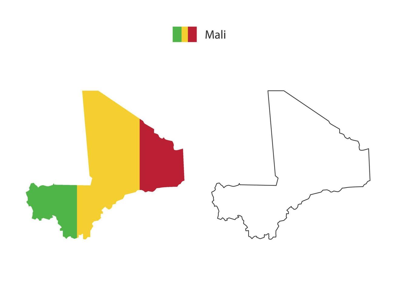 Mali map city vector divided by outline simplicity style. Have 2 versions, black thin line version and color of country flag version. Both map were on the white background.