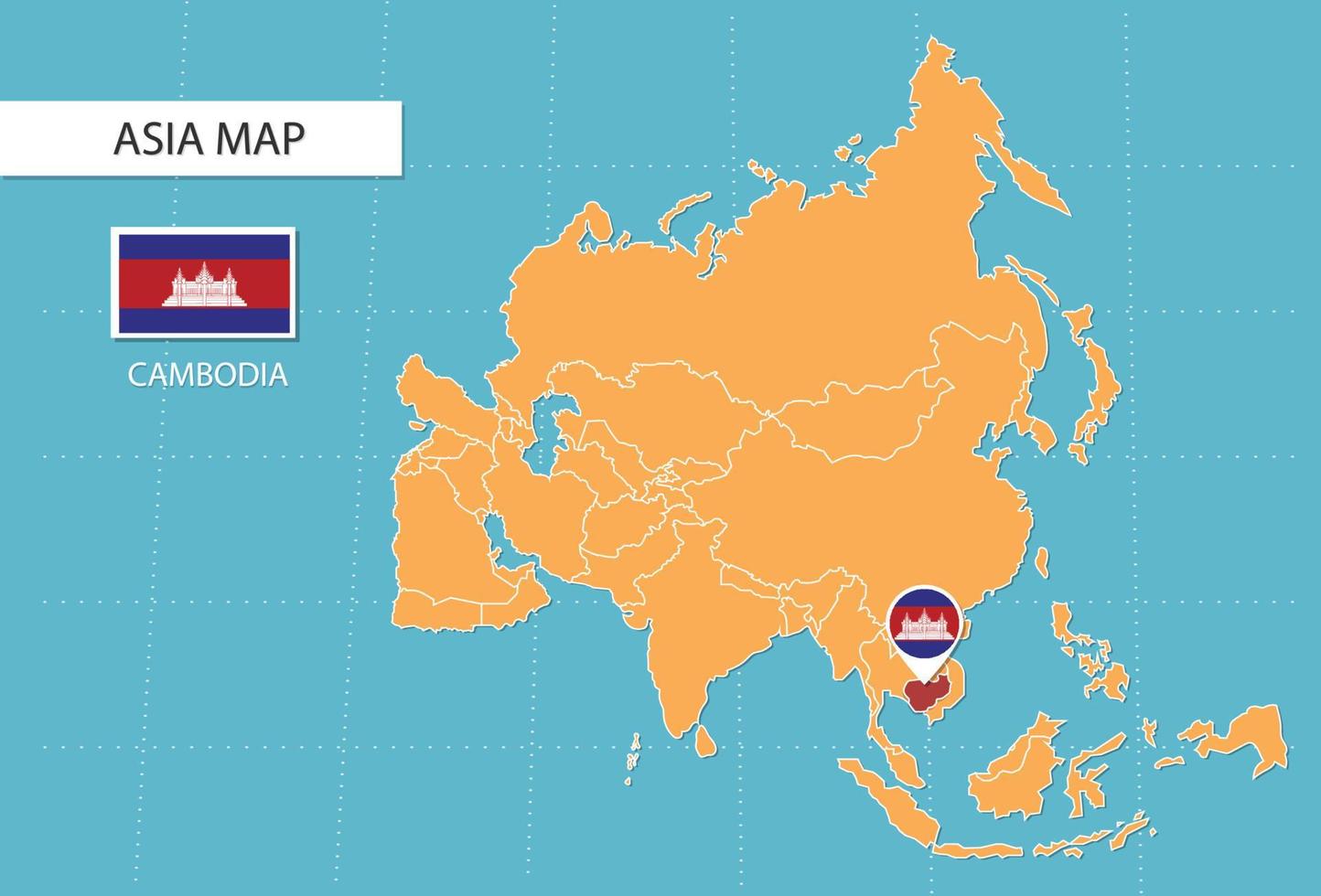 Cambodia map in Asia, icons showing Cambodia location and flags