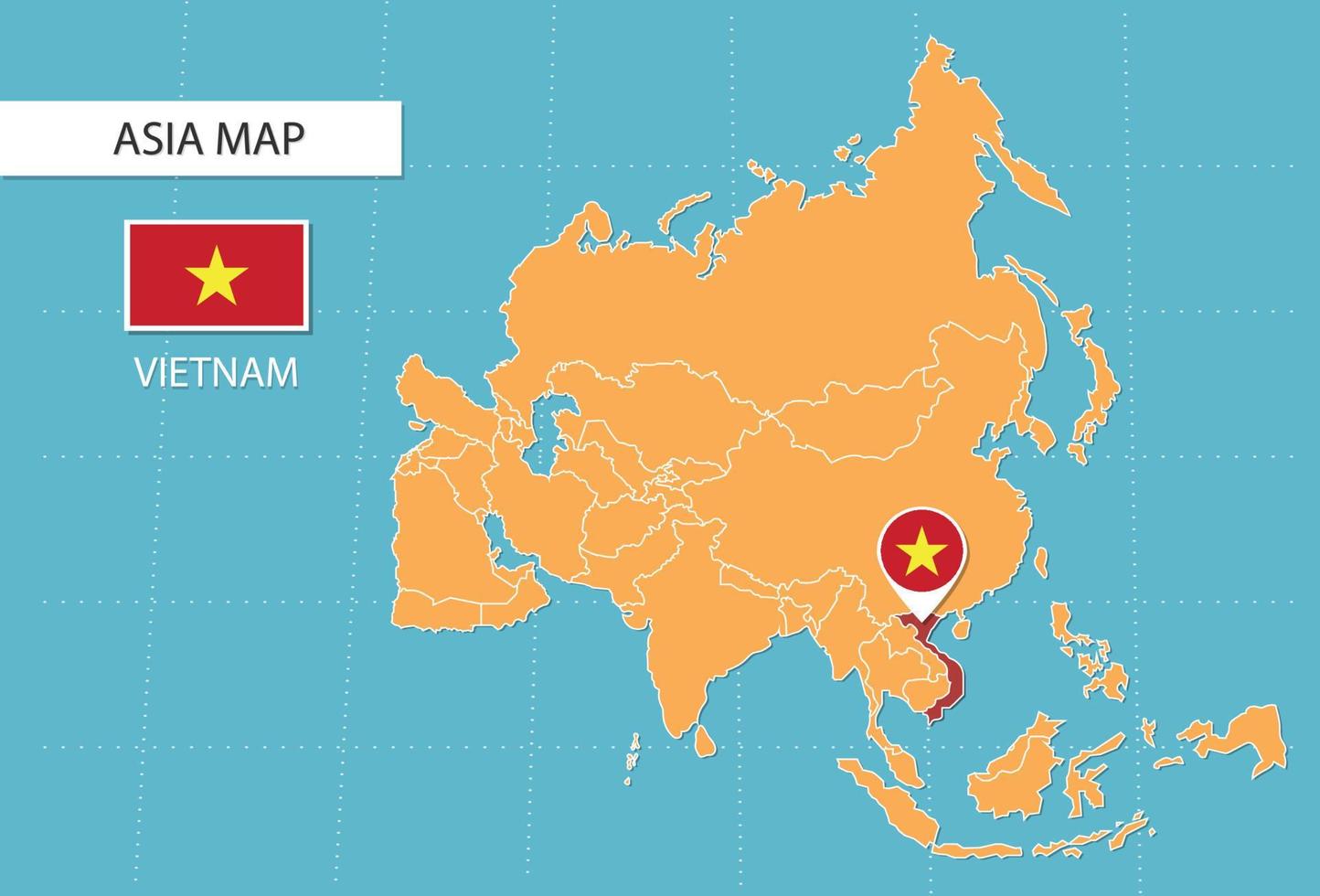 Vietnam map in Asia, icons showing Vietnam location and flags. vector