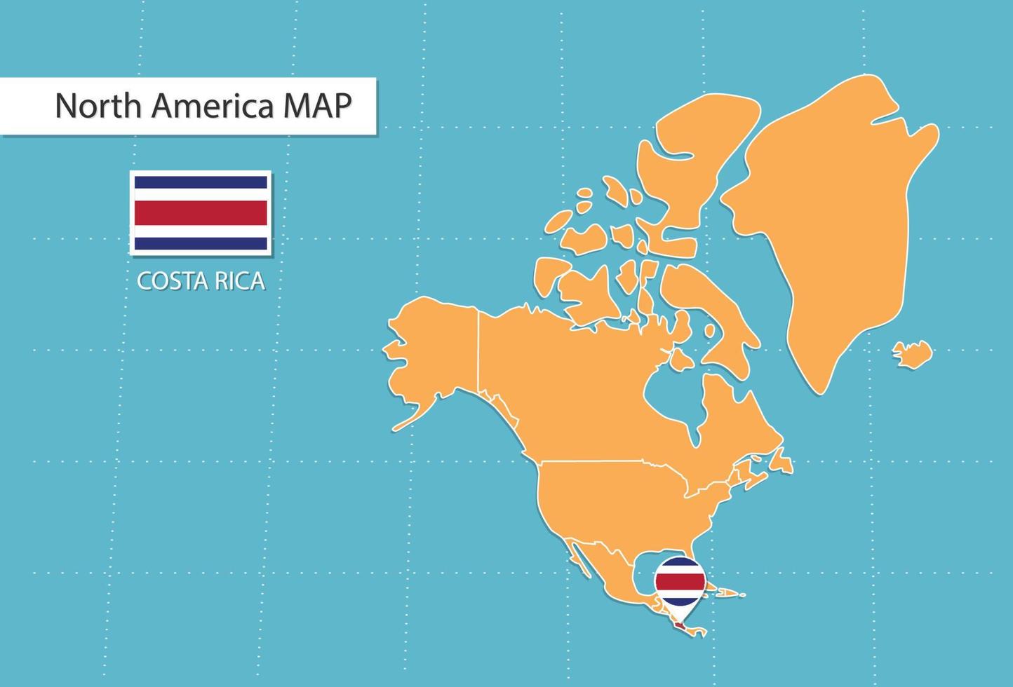 Costa rica map in America, icons showing Costa rica location and flags. vector