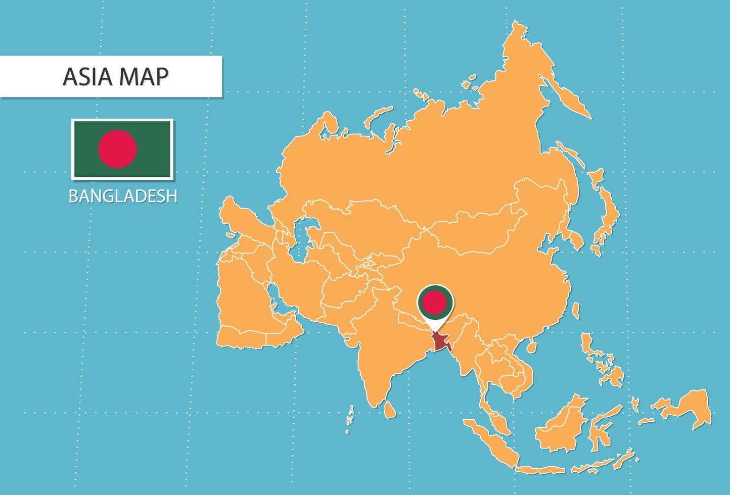 Bangladesh map in Asia, icons showing Bangladesh location and flags. vector