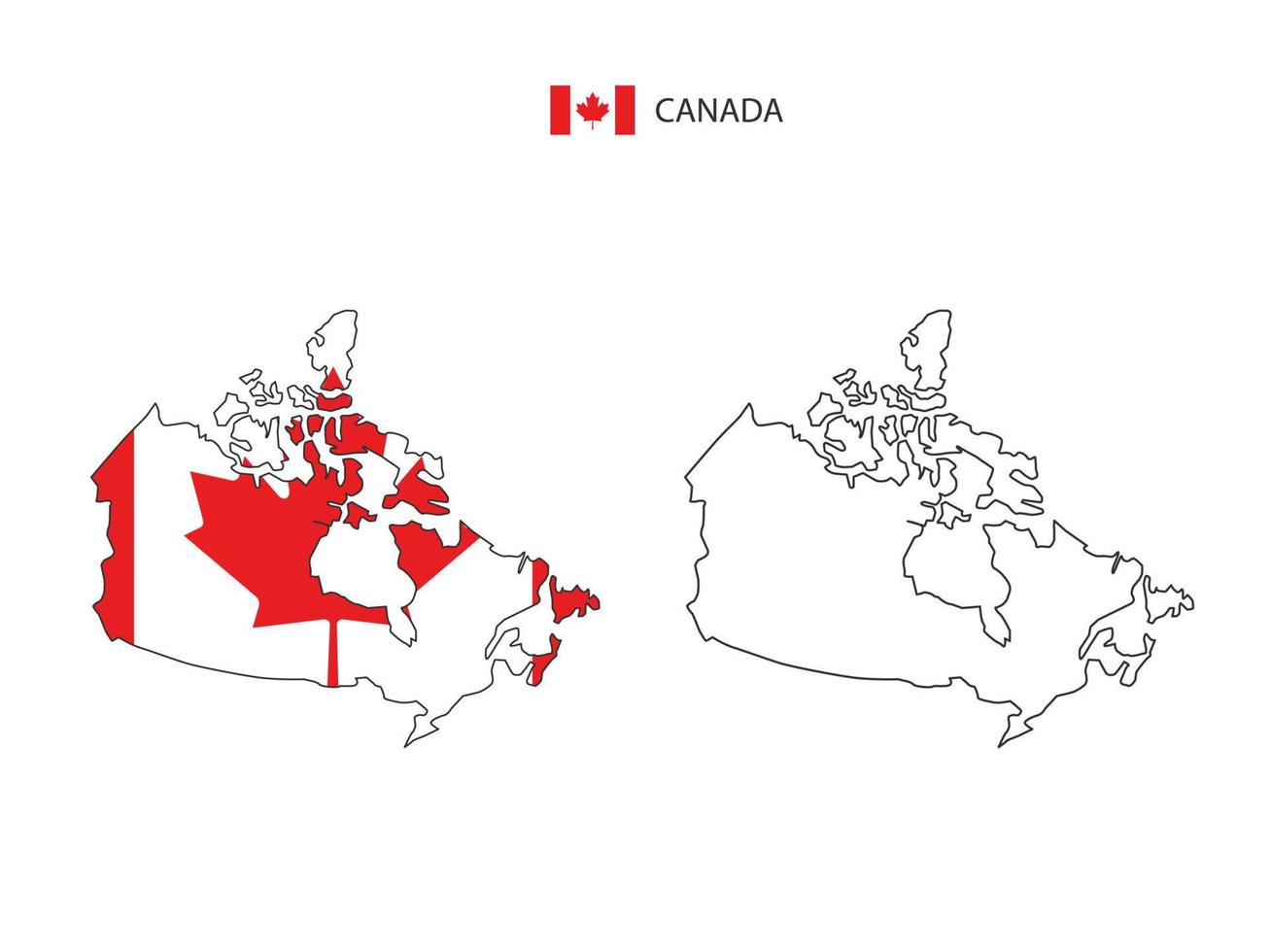 vector de ciudad de mapa de canadá dividido por estilo de simplicidad de contorno. tiene 2 versiones, versión de línea delgada negra y versión de color de bandera de país. ambos mapas estaban en el fondo blanco.