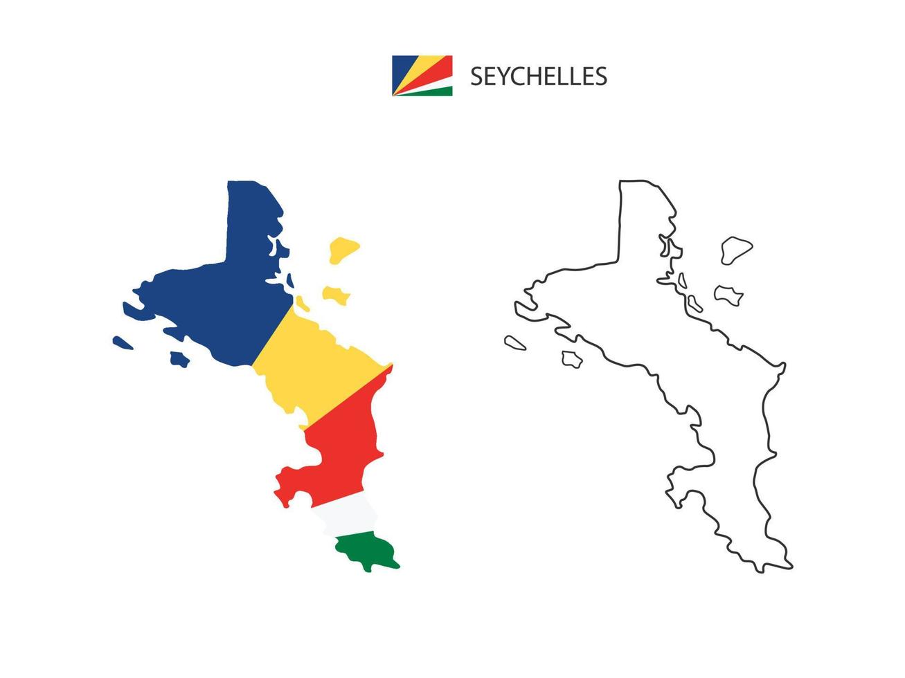 Seychelles map city vector divided by outline simplicity style. Have 2 versions, black thin line version and color of country flag version. Both map were on the white background.