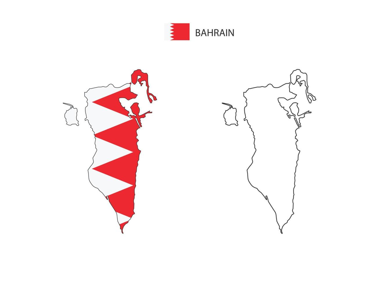 vector de ciudad de mapa de bahrein dividido por estilo de simplicidad de contorno. tiene 2 versiones, versión de línea delgada negra y versión de color de bandera de país. ambos mapas estaban en el fondo blanco.