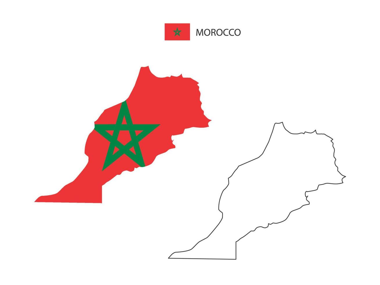 Morocco map city vector divided by outline simplicity style. Have 2 versions, black thin line version and color of country flag version. Both map were on the white background.
