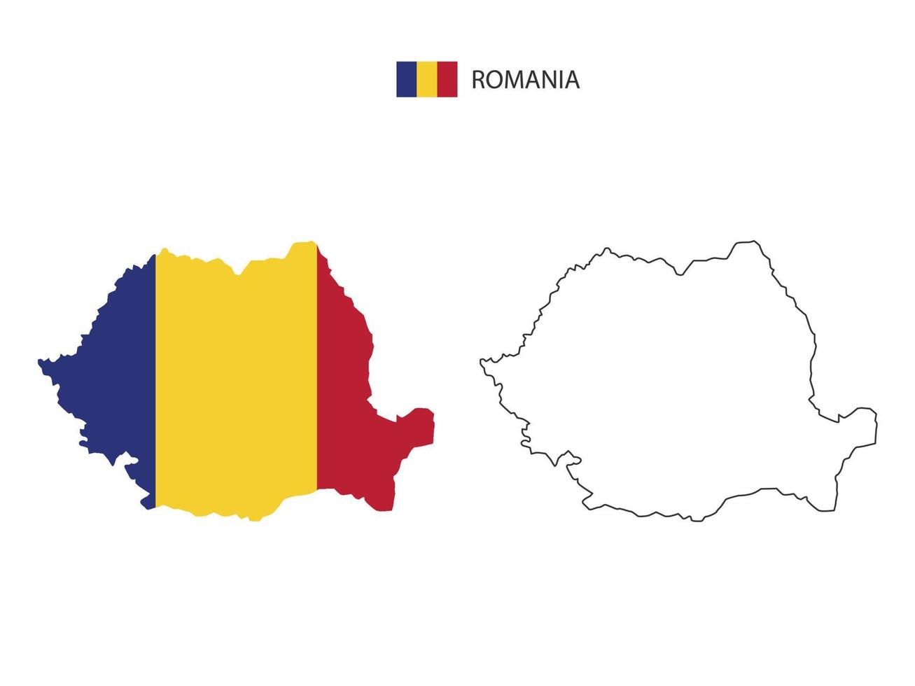 Romania map city vector divided by outline simplicity style. Have 2 versions, black thin line version and color of country flag version. Both map were on the white background.